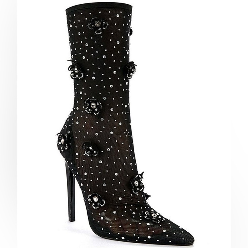 Azalea Wang Smarlowe Floral Appliqued Sheer Mesh Mid Calf Booties | Size 8